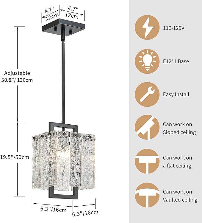 Shrine Lighting Black Chandeliers, Modern Glass Pendnat Light for Dining Room, D6.3''×H19.5'', Adjustable 50.8'', 1 x E12 Sockets, Glass LampShade & Black Finish Frame