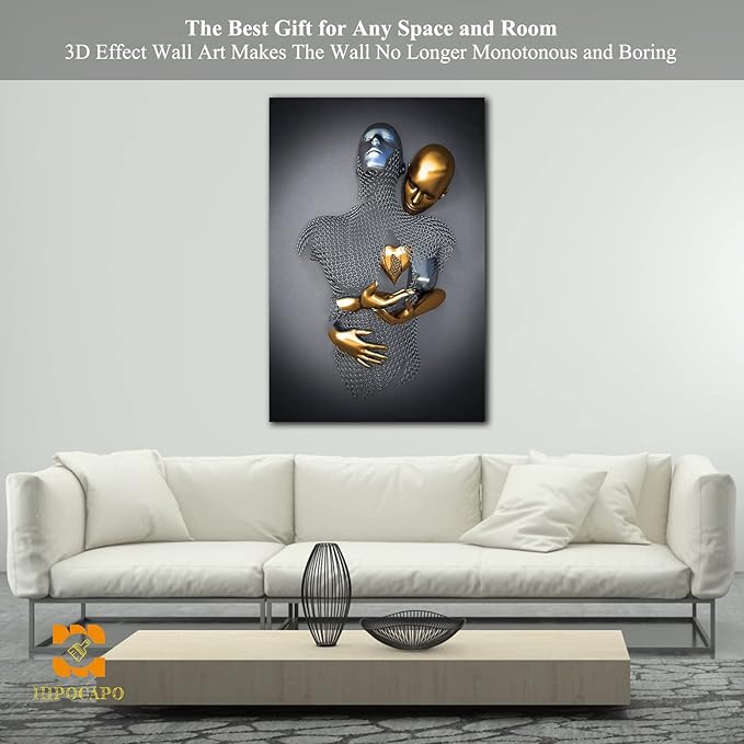 HIPOCAPO 3D Metal Effect Wall Art - Love Heart Canvas Art, Decor for Living Room, Framed Romantic Couple pictures bedroom 28”x40”x1Pcs 3d Art-26