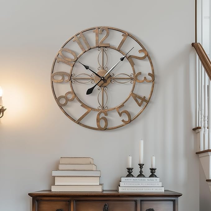 24 inch Wall Clock, Large Wall Clocks for Living Room, Decorative Metal Round Clock Battery-Operated Silent Non Ticking Retro Rustic Arabic Numerals Analog, Bronze
