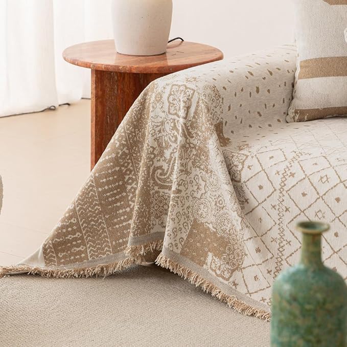 ROOMLIFE Boho Khaki Couch Covers for 3 Cushion Sofa, Chenille Couch Cover Sectional Sofa Cover for Dog, Washable Furniture Sofa Protector Cover Soft Blanket with Tassel for Living Room, 71 '' X 150''
