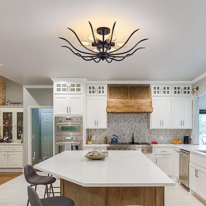 Semi Flush Mount Ceiling Light, 6 Lights Modern Black Light Fixture for Farmhouse Kitchen Dining Room Bedroom Living Room Hallway