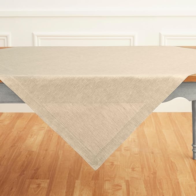 Solino Home Linen Cloth Tablecloth 52 x 52 Inch - 100% Pure Linen Champagne Beige Square Tablecloth - Athena, Machine Washable Table Throw for Fall, Autumn, Thanksgiving, Holiday