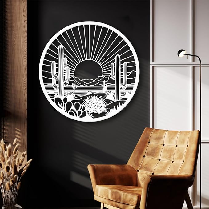 Desert Cactus Metal Wall Art, Round Desert Wall Decor with Cactus and Sunset Design, Metal Wall Art for Living Room Bedroom Entryway, Western Outdoor Cactus Decor (White, 39" x 39" / 100 x 100 cm)