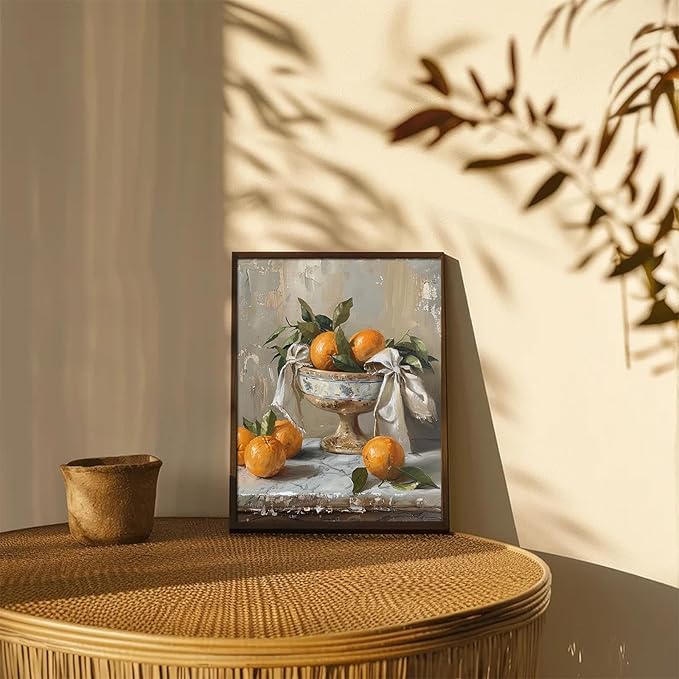 XOCUUI Farmhouse Still Life Picture Living Room - Rustic Vintage Decor for Bedroom - Tangerine Orange Fruit Moody Muted Oil Painting Art Deco Wall Art for Kitchen - 8x10inch Unframed