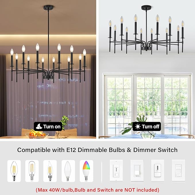 Black Farmhouse Chandeliers, 12 Light Modern Chandelier Light Fixture, Dining Room Chandelier Lighting for Living Room Staircase Bedroom Foyer Kitchen Entryway