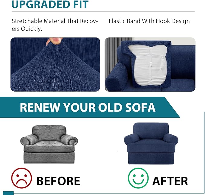 2 Pieces T Cushion Chair Covers with Arms Super Stretch Chair Slipcover for Living Room Pet Dog Universal Slip Cover Anti Slip Armchair Furniture Protector (Navy, 1 Cushion)