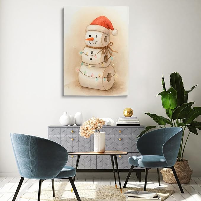 Whimsical Toilet Paper Snowman Christmas Wall Art Print,Funny Christmas Bathroom Decor,Cute Holiday Toilet Pape Snowman Painting,Toilet Poster, Rustic Winter Print