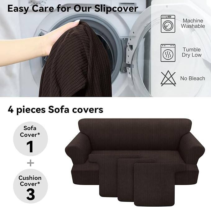 Waterproof Couch Cover 4-Piece Set Striped Sofa Slipcovers for 3 Separate T Cushion Couch - TPU Fabric Sofa Covers Leakproof Couch Protector for Kids, Pets(3 Cushion Sofa, Coffee)