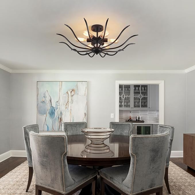 Semi Flush Mount Ceiling Light, 6 Lights Modern Black Light Fixture for Farmhouse Kitchen Dining Room Bedroom Living Room Hallway