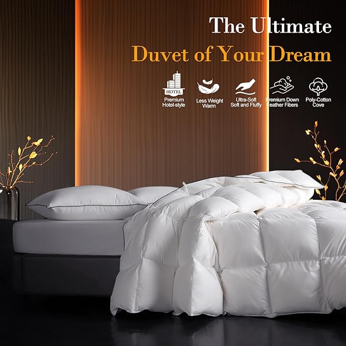 Down Fibers Comforter King Size,Luxurious All Seasons Hotel Collection Duvet Insert,54 Oz High Bulkiness Medium Warmth,Fluffy & Breathable for Bedroom, Guestroom, Hotel (White,106x90)