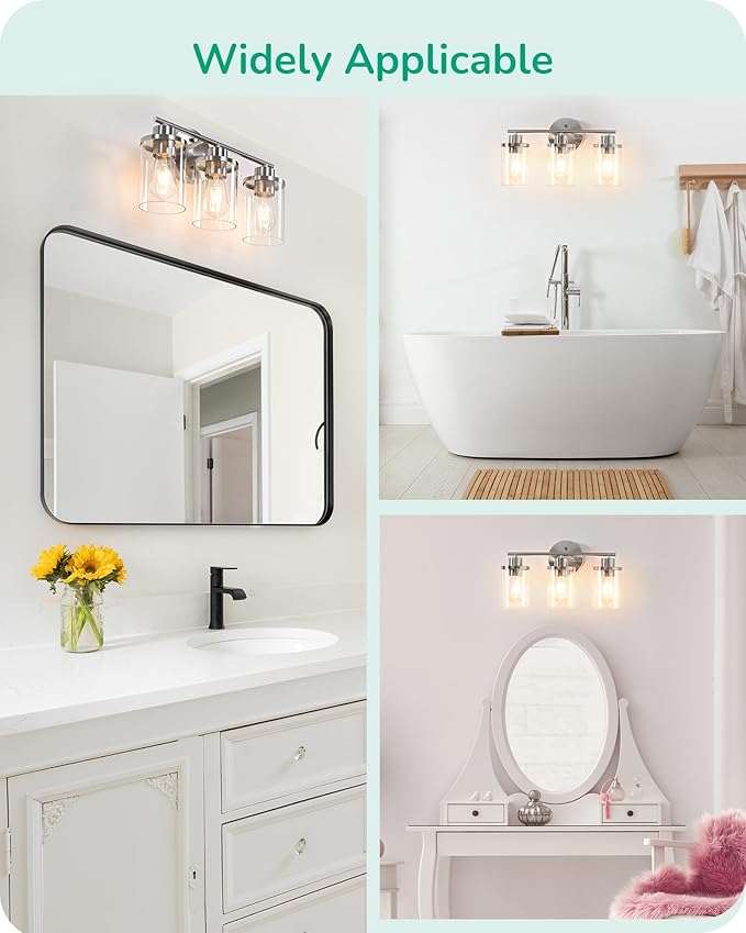 EDISHINE Bathroom Light Fixtures, 3-Light Bathroom Vanity Light Over Mirror, Brushed Nickel Wall Sconces Lighting with Clear Glass Shade Modern Bath Wall Mount Lamp for Vanity Table, Powder Room