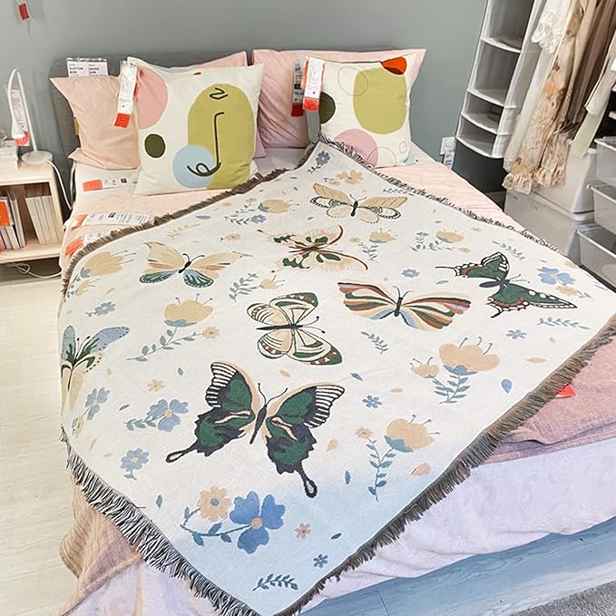 Double-Sided Cotton Woven Throw Blanket with Tassel Jungle Bohemian Style Tapestry Shawl Multi-Function Decorative Throws for Sofa Bed Armchair Camping Blanket Tablecloth Carpet 160x130cm