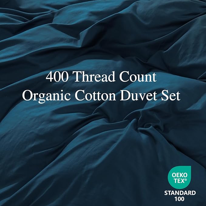 100% Organic Cotton Oversized King Duvet Cover 400 Thread Count Percale 120x98 Inches Sateen Comforter Cover Soft and Breathable Bedding Set 3 Piece（Navy,Oversized King）