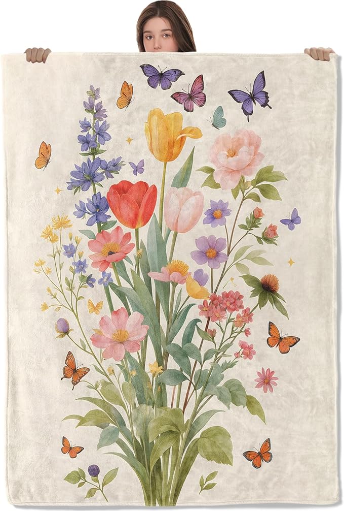 Elegant Wildflower Flannel Throw Blanket, 60"x80", Colorful Bouquet, Soft Warm Lightweight Blankets, Machine Washable, Women Girls Gifts, Outdoor Indoor Travel Hiking Nap Throw, Home Decorate