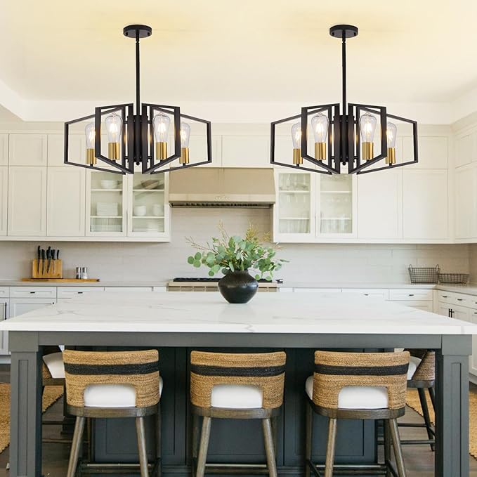WJShome 4-Light Black and Gold Chandelier, Farmhouse Ceiling Light Fixtures, Dining Room Light Fixtures Over Table, Hanging Geometric Pendant Lights, for Kitchen Island, Bedroom, Foyer, Entryway