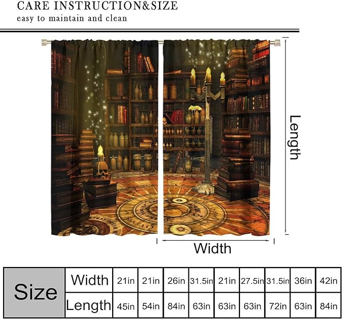 Gothic Mid Century Skeleton Blackout Curtains, Vintage Style Medieval Library Rod Pocket Window Drapes, for Living Room Bedroom 42(W)*84(L) 2 Panels