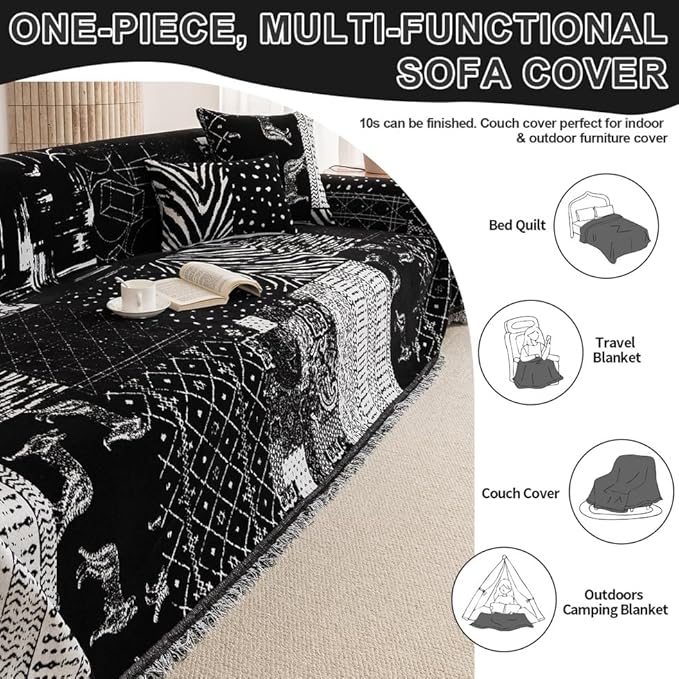 ROOMLIFE Boho Black Couch Covers for 3 Cushion Sofa, Chenille Couch Cover Sectional Sofa Cover for Dog, Washable Furniture Sofa Protector Cover Soft Blanket with Tassel for Living Room, 71 '' X 150''