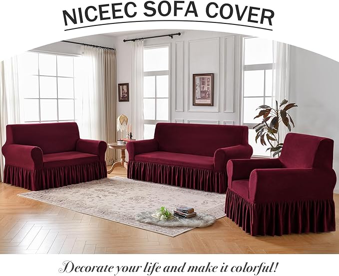 NICEEC Armchair Cover Thick Plush 1-Piece Warm Wine Red Armchair Slipcover Stretch Fluffy Couch Covers for Living Room Easy Fit Washable Soft Furniture Sofa Protector with Skirt