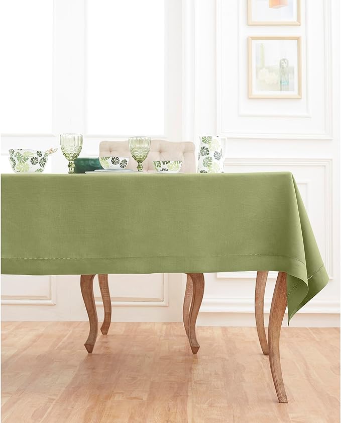Solino Home Linen Tablecloth 60 x 132 Inch - Classic Hemstitch 100% Pure Linen Moss Green Table Cloth for Rectangle Tables - Machine Washable Tablecloth for Fall, Autumn, Thanksgiving, Winter