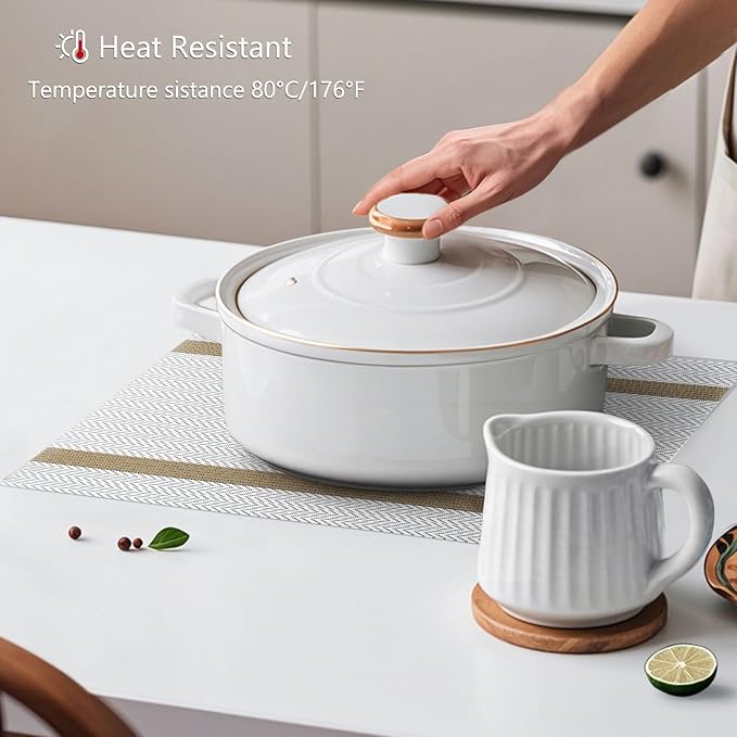 AHHFSMEI Placemats for Dining Table Set of 6 Woven Vinyl Plastic Place Mats Non-Slip Heat Insulation Stain Resistant Table Mats Washable Easy Clean Placemats (White Wave Stripe)