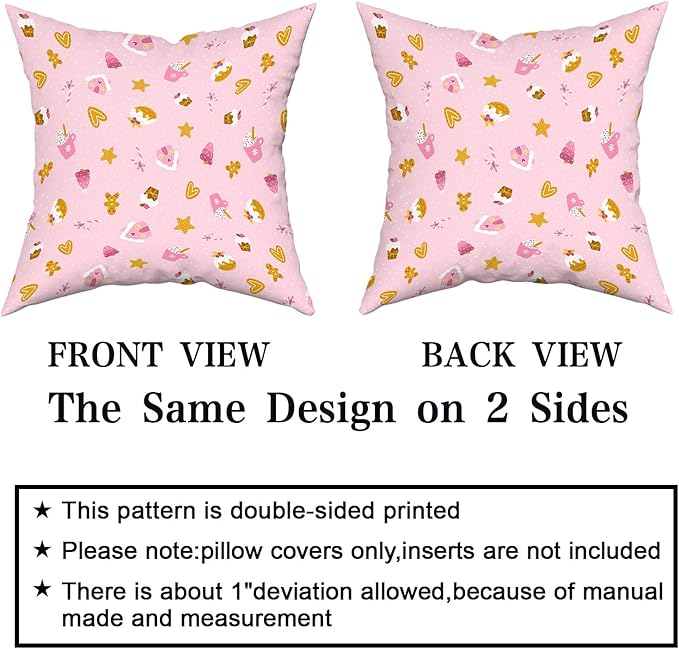 Kawani Pink Christmas Pillow Covers 18X18 in Cute Cupcake Gingerbread Pillowcase Set of 2 Sweet Cake Dessert Xmas Holiday Square Throw Pillow Case Home Decor for Living Room Bedroom Bed Cushion Couch