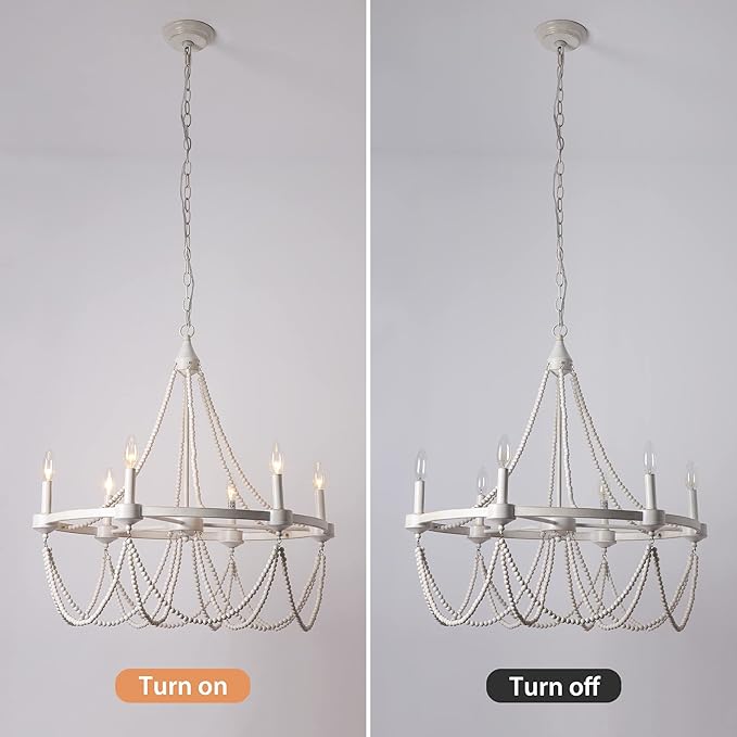 COCOSTAR 28 Inch White Beaded Chandelier Bohemian Style, 6-Light Retro Wood Country Chandelier, Farmhouse Chandeliers for Dining Room, White with Gold, (Bulb Not Included)