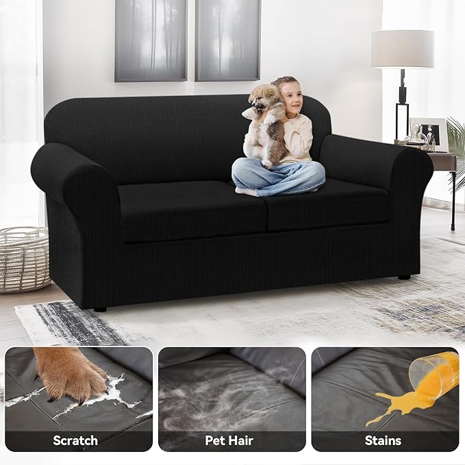 100% Waterproof Couch Cover 3-Piece Set Striped Sofa Slipcovers for 2 Cushion Couch Sofa Covers with TPU Leakproof Bottom Stretch Couch Protector Pet Proof - Sofa(2-Cushion), Black