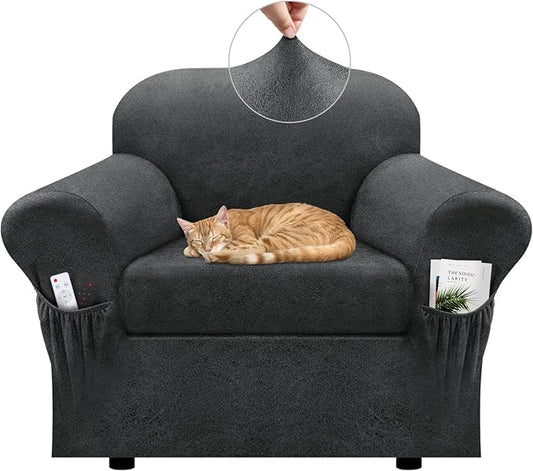 Chair Slipcover with Armrest Pockets 2-Piece Set, Stretch Faux Leather Chair Cover for Armchairs(Fits 31-45") - Non-Slip, Machine Washable, Pet & Kid Friendly - Gray