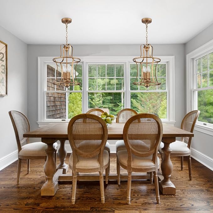Modern Lantern Pendant Light 4-Light Chandelier Lighting, Rusty Gold for Kitchen Island Dining Room Entryway