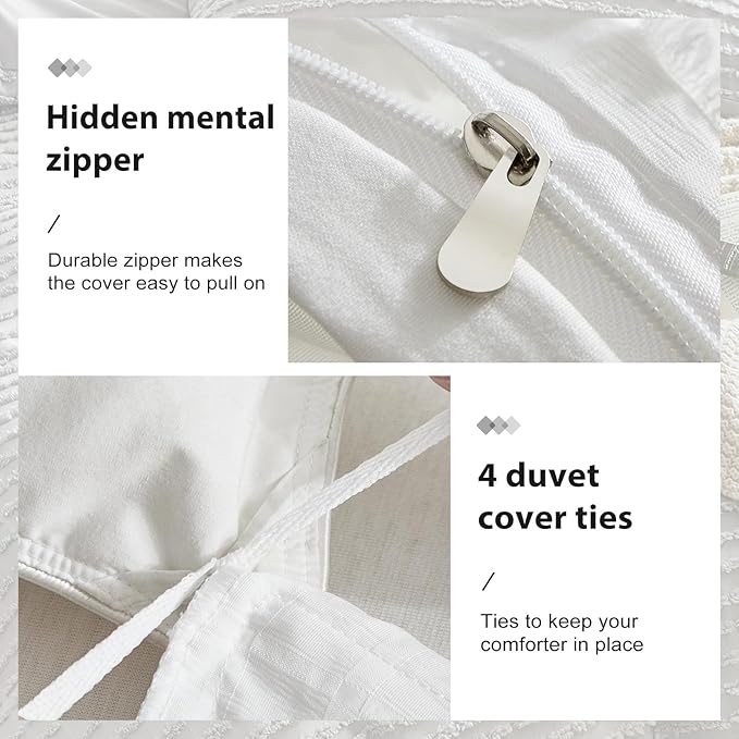 WARMDERN Boho Duvet Cover Set King Size,White Striped Duvet Cover Microfiber Bedding Set,3PCS Ultra Soft Breathable Lightweight Tuft Texture Pattern Duvet Covers with Zipper Closure(White,King)
