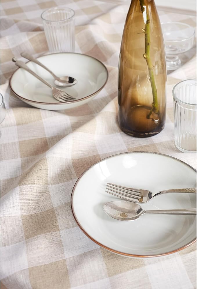 Solino Home Linen Checkered Tablecloth 60 x 90 Inch - 100% Pure Linen Natural and White Buffalo Plaid Table Cloth for Rectangle Tables - Machine Washable Tablecloth for Fall, Thanksgiving, Holiday