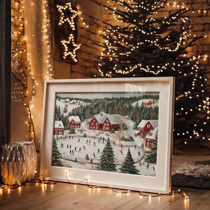 OZCONO Snowy Christmas Village Wall Art for Holiday Decor, Nordic Winter Town Scene with Ice Skating, Vintage Seasonal Artwork, Xmas Festive Cabin Landscape Accent (Unframed) (20x30)