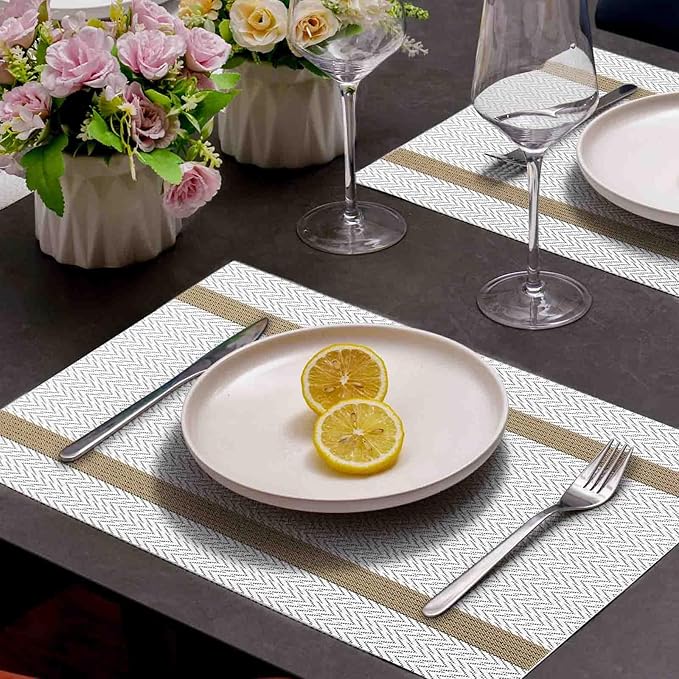 AHHFSMEI Placemats for Dining Table Set of 8 Woven Vinyl Plastic Place Mats Non-Slip Heat Insulation Stain Resistant Table Mats Washable Easy Clean Placemats (White Wave Stripe 8)