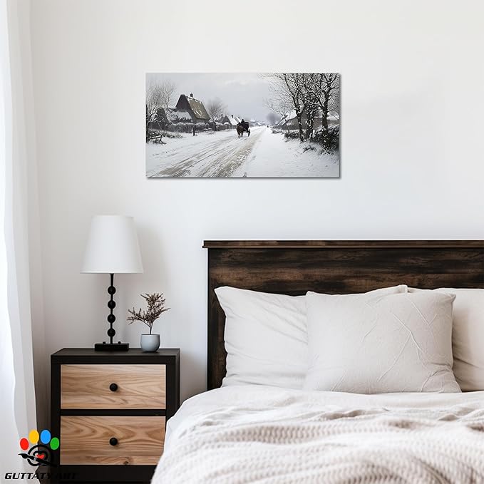 GUTTATY Christmas Winter Scene Canvas Wall Art, Countryside Snow Pictures, Rustic Wall Decor with Horse Carriage, Serene Canvas Painting for Living Room, Bedroom, Holiday Home Decor, 40x20 Inch