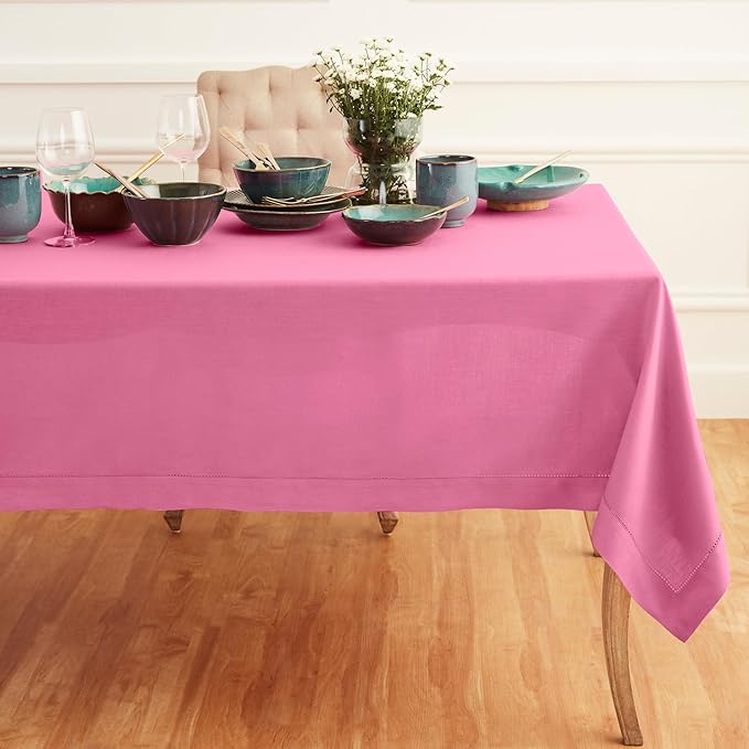 Solino Home Linen Flamingo Pink Tablecloth 60 x 144 Inch - Classic Hemstitch, 100% Pure Linen Rectangular Tablecloth - Machine Washable Table Cloth