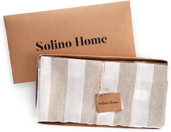 Solino Home Linen Tablecloth 60 x 120 Inch - Cabana Stripe 100% Pure Linen Natural and White Table Cloth for Rectangle Tables - Machine Washable Tablecloth for Fall, Autumn, Thanksgiving, Christmas