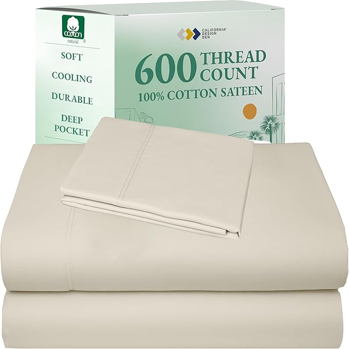 California Design Den Luxury Twin Sheet Set - 100% Cotton, 600 Thread Count Deep Pocket Twin Sheets, Soft Hotel-Quality Bedding with Sateen Weave - Ivory (Warm Cream)