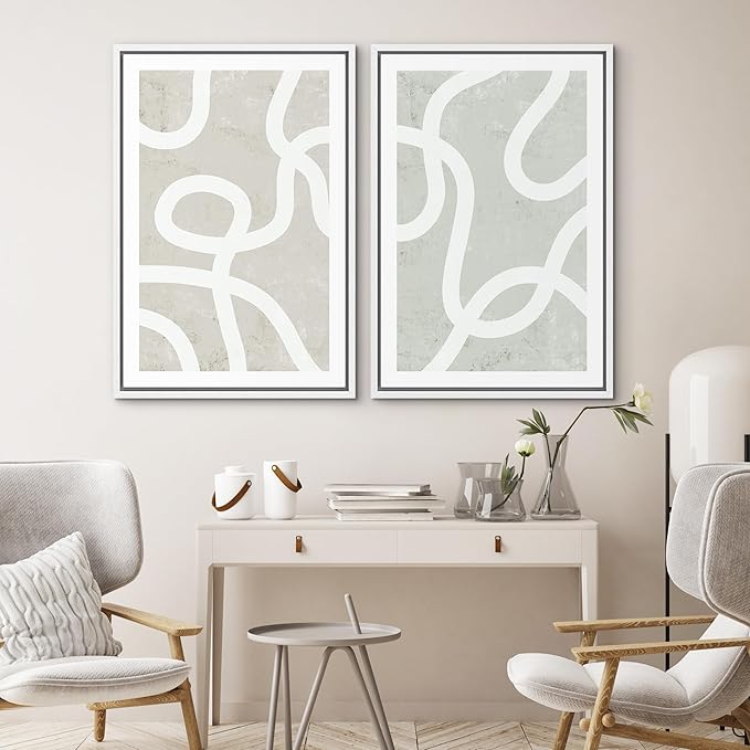 SIGNWIN Framed Canvas Print Wall Art Set Pastel White Swirl Pattern Collage Abstract Shapes Illustrations Modern Art Minimal Boho Relax/Calm for Living Room, Bedroom, Office - 16"x24"x2 White