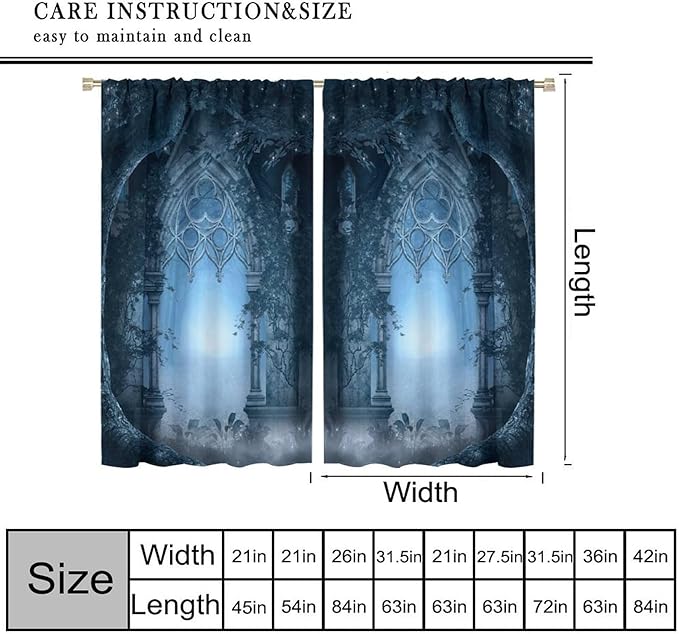 Gothic Mid Century Blackout Curtains, Vintage Medieval Castle Night Magic Forest Tree Misty Landscape Window Drapes, for Living Room Bedroom 21(W)*45(L) 2 Panels