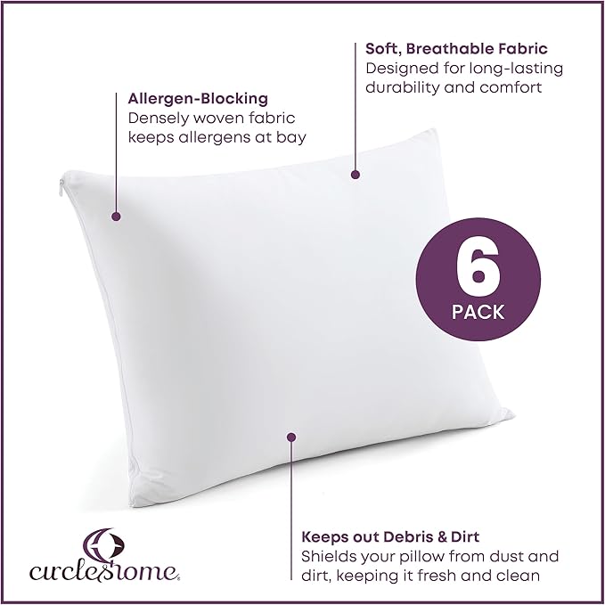 CirclesHome Standard Zippered Pillow Protectors | 100% Cotton Breathable Pillow Covers | Protects Pillows from Dirt, Dust, and Debris | (Standard 20x26 - Set of 6)