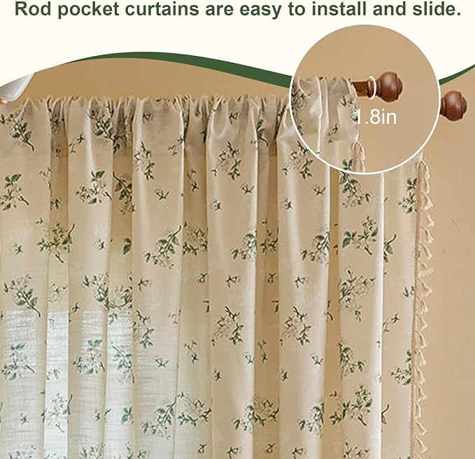 OYX Sage Green Spring Floral Curtains 63 Inch Length 2panels for Living Room, French Country Vintage Light Filtering Patterned Aesthetic Drapes for Bedroom, Rod Pocket Decor Window Treatment Curtains