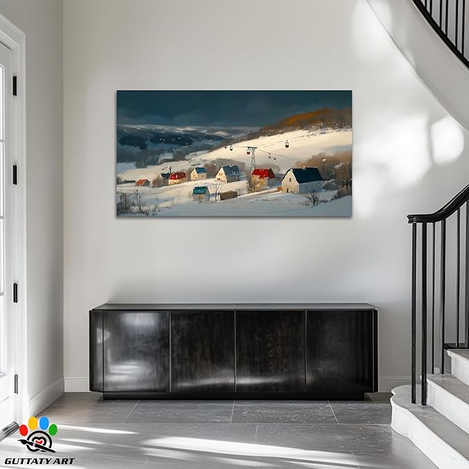 GUTTATY Christmas Winter Scene Canvas Wall Art, Snowy Village Pictures, Cable Car Canvas Prints, Nordic Landscape Painting, Cozy Holiday Wall Decor Poster for Living Room, Bedroom, Office, 60x30 Inch