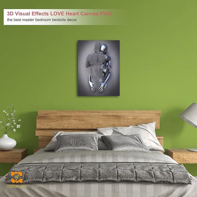 HIPOCAPO 3D Metal Effect Wall Art - Wall, Silver Modern Abstract Hug Lovers Painting Picture Poster Prints for Bathroom, Romantic Couple Living Room Canvas Framed 18''x24''x1Pcs 3d Art-14