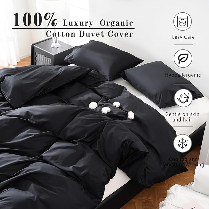 100% Organic Cotton California King Duvet Cover 400 Thread Count Percale 104x98 Inches Sateen Comforter Cover Soft and Breathable Bedding Set 3 Piece（Black,Cal King）