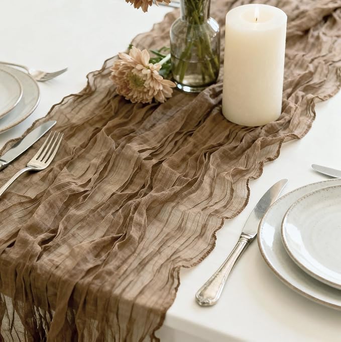 12 Pack Coffee Cheesecloth Table Runner 35 x 118 Inch Gauze Fabric Boho Table Runners for Wedding Arch, Rustic Bridal Shower, Baby Shower, Party Decorations, Farmhouse Home Decor
