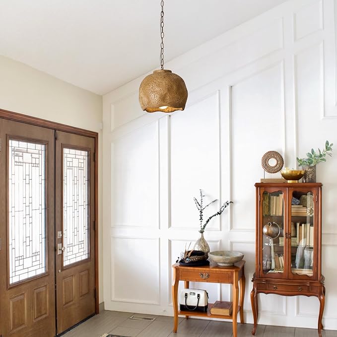 Farmhouse Pendant Light for Kitchen Island, 11" Rustic Brown Hanging Ceiling Light Fixture for Dining Room, Kitchen, Living Room, Hallway, Resin Dome Shade, E26 Base