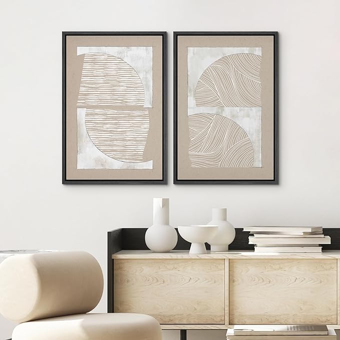 SIGNWIN Framed Canvas Print Wall Art Set Grunge Tan White Art Deco Polygons Abstract Shapes Illustrations Minimal Decorative Nordic Zen Bohemian for Living Room, Bedroom, Office - 16"x24"x2 Black