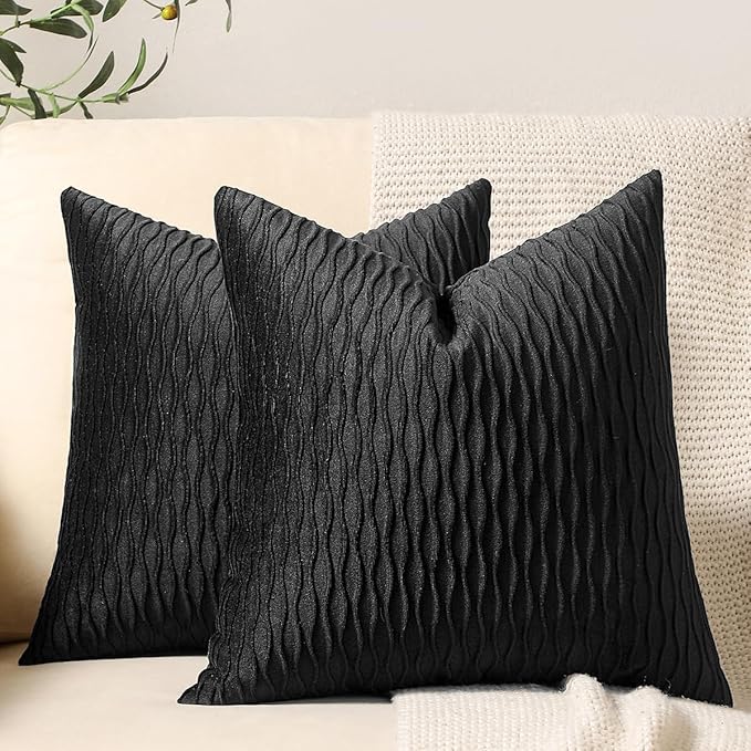 Black Striped Decorative Pillow Covers: 2 Pack 16x16 Inch Original Velvet Square Throw Pillow Cases for Farmhouse Couch