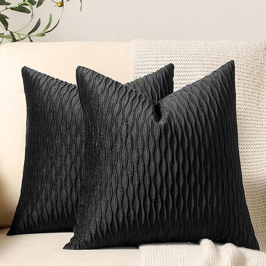 Black Striped Decorative Pillow Covers: 2 Pack 16x16 Inch Original Velvet Square Throw Pillow Cases for Farmhouse Couch