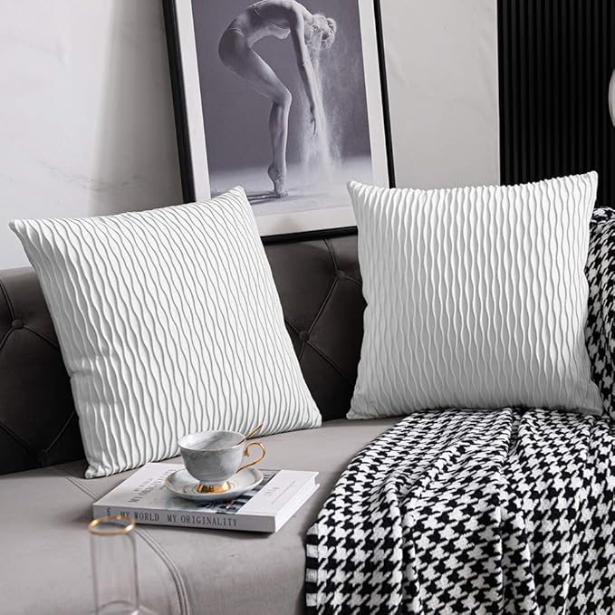 White Striped Couch Pillow Cases: 2 Pack 18x18 Inch Original Velvet Square Throw Pillow Covers for Farmhouse Home Decor
